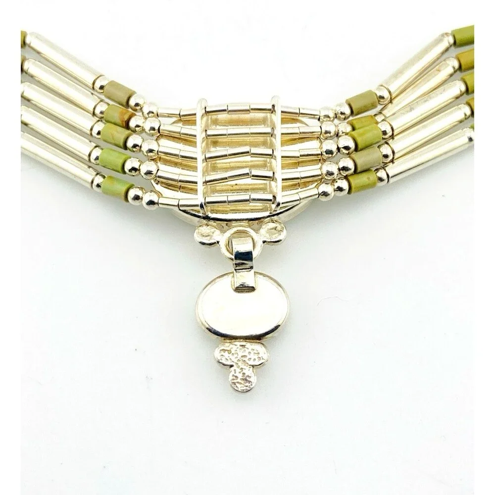 Sterling Silver Green Turquoise Multi Strand Liquid Silver Necklace Adjustable